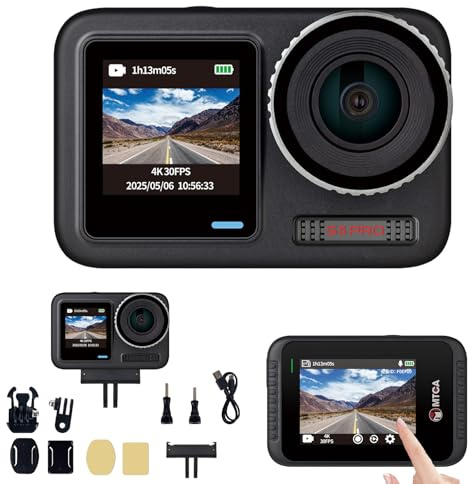 MTCA Action Camera for Motorcycle - 4K/30fps Waterproof Sport Camera with Dual IPS Screen,5.9k Photo, Long Lasting 150min, Out Camera for Bike/Hiking/Ski/Travel/Climb/Cycling(Connect Phone via WiFi)