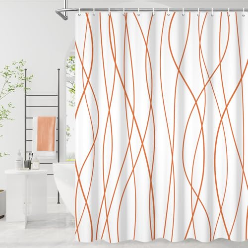 GCIREC Duschvorhang, 180x200cm, Orange Moderner Minimalismus Gestreifte Wellenlinie Wasserdichter Stoff Maschinenwaschbarer Badezimmervorhang mit Haken