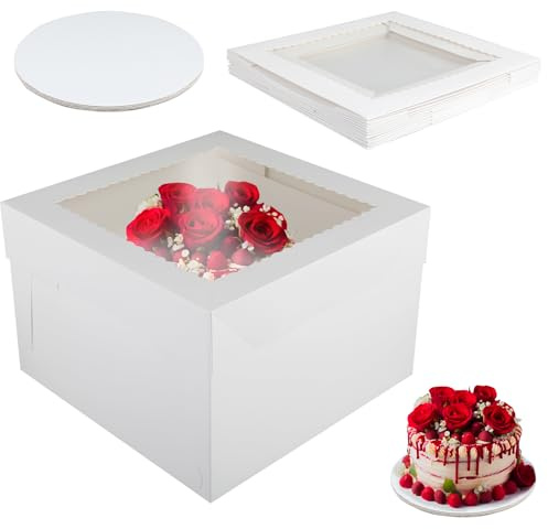 QinOustore Set Scatola per Torte 12x12x8 pollici (30x30x20 cm) – 5 Pezzi Scatola per Torta Alta con Finestra di Vista & 5 Pezzi Base per Torta da 2mm 12 Pollici, Scatola per Torta per Trasporto di