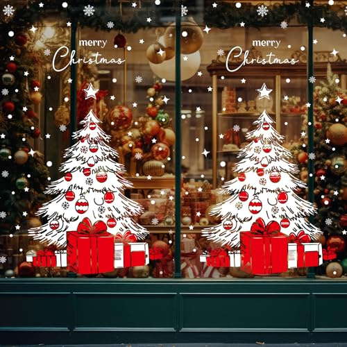SHATOO 2 Christmas Tree Window Stickers Large 26 * 36 inch, 190Pcs Xmas Window Stickers Reusable, Merry Christmas Window Clings Decals Double Sided, Xmas Decorations for Glass Shop Window