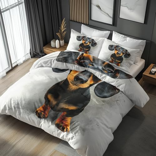 Generisch Bettwäsche 135x200 Süß Dackel, Weiche Bügelfreie Mikrofaser Bettbezug Set 2tlg, Hund Welpen Muster Schlafzimmer Deko, 1 Kissenbezug 80x80, mit Reißverschluss ZF88