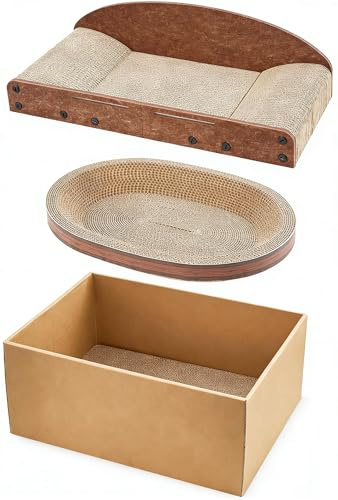 Avont 3-Piece Cardboard Cat Scratcher Set for Indoor Cats | Corrugated Cat Scratchers with Scratch Pad, Scratch Box and Lounge Bed