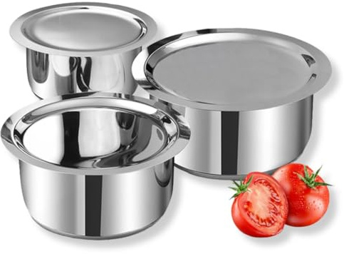 SWACRAFT Stainless Steel Tope Set with Lid - 3 Pcs | 1.4, 1.8, & 2.2 litres | Patila Cookware Set Combo, Even Heat, Heavy Sandwich Bottom, Induction Compatible for Boiling and Cooking