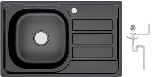 Preero - 80 x 50 x 20 Évier de cuisine en acier inoxydable 304, 0,8 mm, 1 bac, rectangulaire, égouttoir à droite, noir