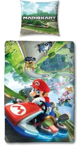 Mario Kart, Bettwäsche für Kinder, Gaming, Einzelbett, wendbarer Bettbezug 140 x 200 cm mit Kissenbezug 63 x 63 cm, Gamer-Motiv, Öko-Tex-zertifiziert
