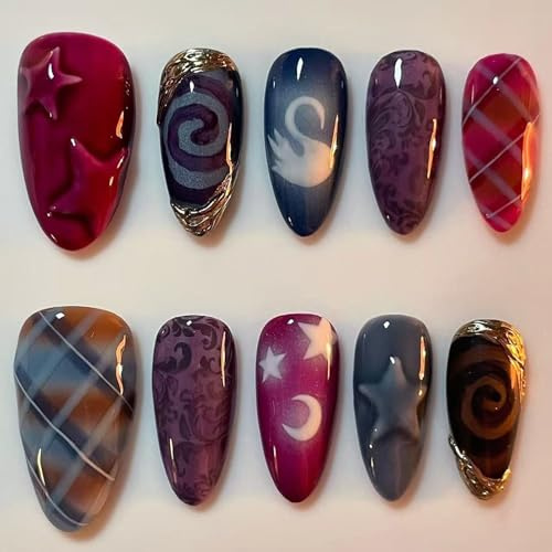 Almond Press On Nails - 24Pcs False Nails Medium Length with 3D Stars - Acrylic Fake Nails With Glue - Full Cover Handmade Stick On Nails for Women,Glue on Nail with Gilded Stars & Moon