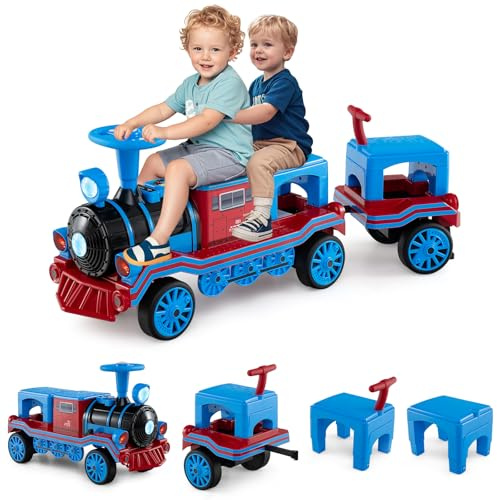 COSTWAY Trenino Elettrico Cavalcabile per Bambini, 12V Macchina Elettrica a 3 Posti con Locomotiva e Vagone Rimovibili, Treno con Luci LED, Clacson e Musica, per Bambini 3-8 Anni (Blu)