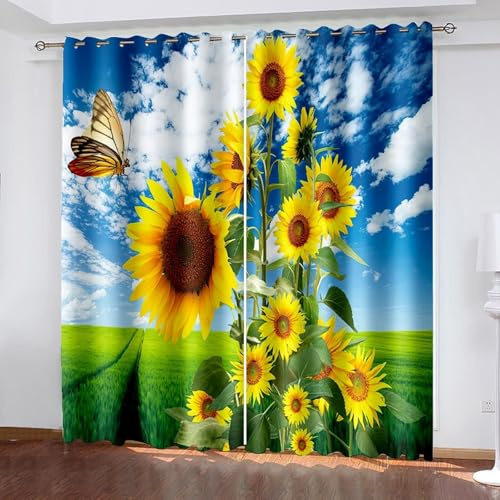 Wycian Makramee Vorhang Fenster Ösenvorhang Grün Blau Gelb 2 Er Polyester Blauer Himmel, Sonnenblumen und Schmetterlinge H214 X B86Cm für Schlafzimmer