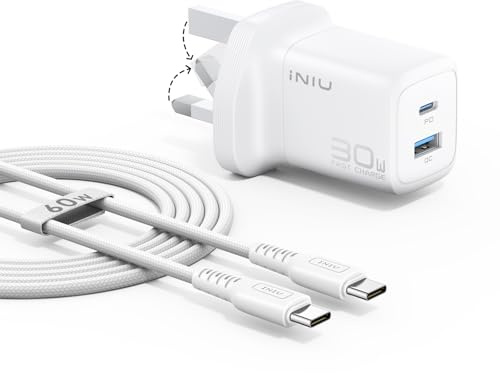 INIU USB C Charger, 30W GaN Fast Charging Block with Samrt Phone Protection | Mini Wall Adapter, Dual Port with 5ft Type C Cable for iPhone 17 16 Pro Max iPad Samsung S26 Ultra Google Pixel Switch etc