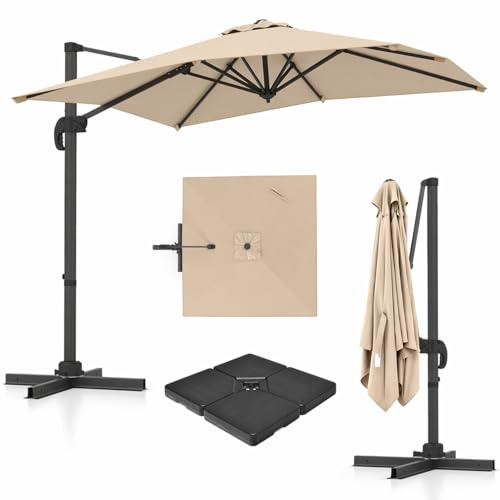 COSTWAY Parasol de Jardin Extérieur avec Pied, Base 4 Plaques, Parasol Déporté Carré 2,4 x 2,4 m, Rotation à 360°, Inclinable 5 Positions, Manivelle, 8 Baleines, pour Terrasse, Patio (Beige)