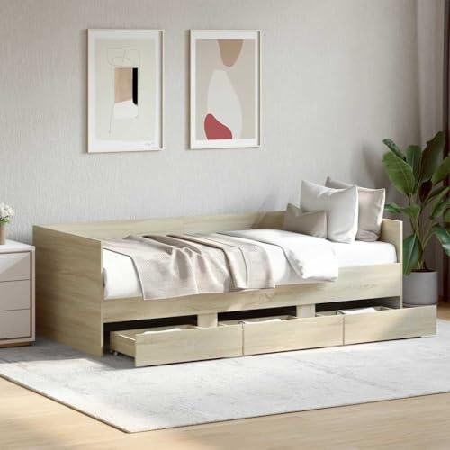 Tagesbett mit Schubladen ohne Matratze Sonoma-Eiche 75x190 cm 2-in-1 Gästebett Schlafsofa Kleiderschrank Stauraum Bettgestell Holm Massivholzoptik Wohnzimmer Schlafzimmer Rollbett Liege 193x78x65 cm