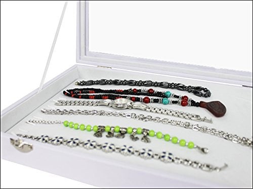 Yudu Joyero con tapa de cristal para cadenas largas, pulseras, collares, tapa de cristal, color blanco