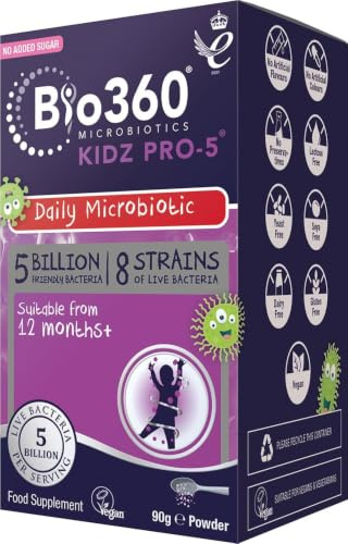 Natures Aid Bio360 Kidz Pro-5 Daily Microbiotic Supplement Powder - 90g | 5 Billion Friendly Bacteria, For Children 12 Months-12 Years, Sugar Free, Vegan, Non-GMO, Gluten-Free