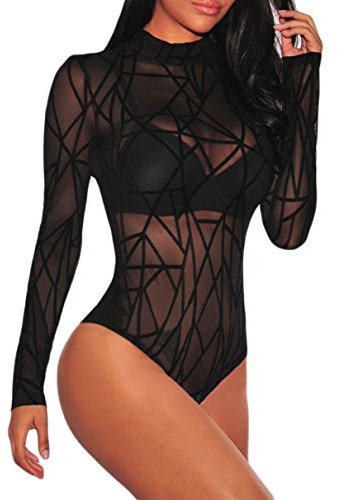 NBBNYJ Body Donna Manica Lunga Pizzo Trasparente Elegante Aderente Sexy Lingerie (Nero-4, S)