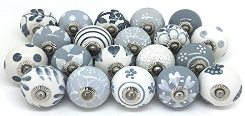 Lot de 20 boutons de tiroir en céramique peints à la main (gris et blanc)