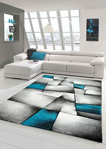 Teppich-Traum Designer Teppich - Moderner Wohnzimmer Kurzflor Mit Konturenschnitt Karo Muster - Türkis Grau Weiß Schwarz (200 cm Rund)