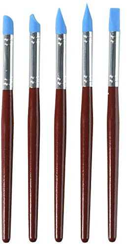 Lot de 5 pinceaux de peinture en silicone avec pointe flexible en caoutchouc bleu et manche en bois rouge