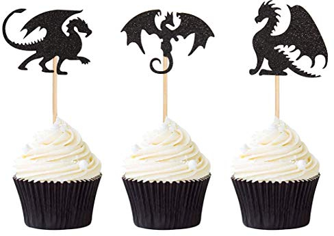 24PCS Black Glitter Dragons Set Cupcake Toppers Theme Party Cake Decorating Supplies