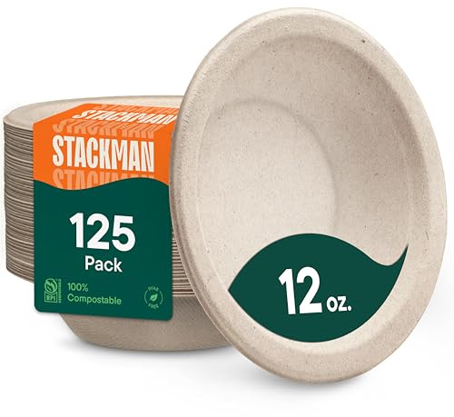 100% Compostable Paper Bowls - 12 oz [125-Pack] Heavy Duty Soup Bowls