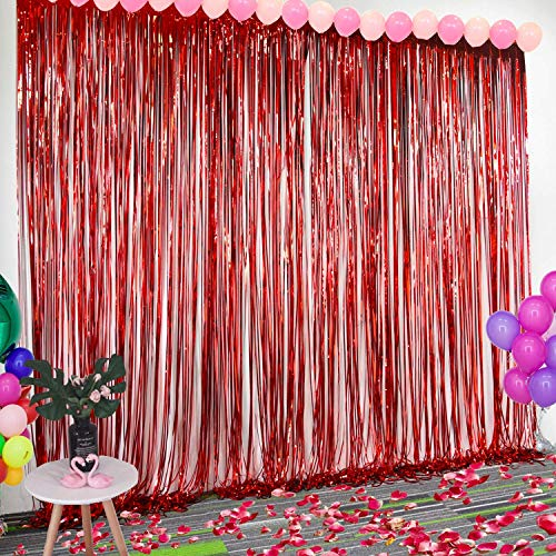 BangShou Metallische Lametta Vorhänge 4 Pack Folie Vorhang Metallic Tinsel Vorhänge mit Größe von 1m x 3m Hintergrund Fringe Vorhänge für Weihnachten, Halloween, Geburtstag, Hochzeit (Rot)