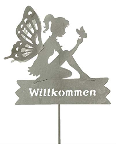 Rost Deko Metall Stecker. ELFE mit Schmetterling. WILLKOMMEN. Gartenstecker. GRAU ca 85 cm. Art.: 73858