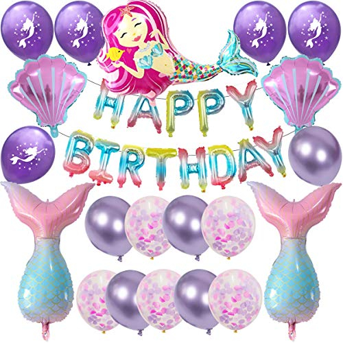 Meerjungfrau Thema Party Dekoration Geburtstag Deko, Meerjungfrau Luftballons Set, Happy Birthday Banner, Meer Ozean Themen Party Dekorationen Lieferungen für Kinder Mädchen Baby Geburtstagsfeier
