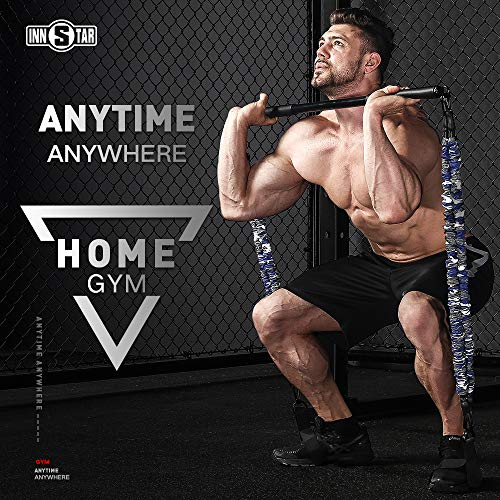 INNSTAR Bankpress-Bänder-Set, verstellbares Widerstandsband mit Stange und Kniebeugen-Bändern für Heimtraining, Heim-Fitness-Set für Brust, Arm, Beintraining (Camouflage-Blau, 47,6 kg)