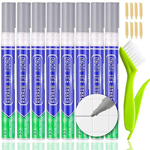 KOOLPUG Bolígrafo de lechada gris con cepillo limpiador de lechada, 8 piezas de lechada para azulejos, corrector antimoho, bolígrafo sellador, bolígrafo para restaurar baños y cocinas (gris)