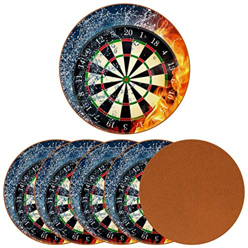Set von 6 Untersetzern rund Leder Getränk Urlaub Kaffee Tasse Matte für Holztisch Darts in Feuer und Wasser Geschenk für Geburtstag