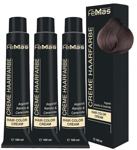 FemMas Haarfarbe 3x Mittelblond Asch 7.1 I Creme Haarfarbe mit Arganöl, Keratin & Ceramiden I Als dauerhafte Haarfärbung oder Tönung für strahlende, haltbare Farbergebnisse I 100 ml