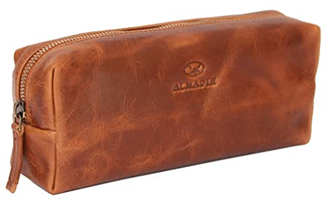 ALMADIH Leder Damen federmäppchen - Kosmetiktasche Federmappe MAX braun - praktische Damen Stiftetasche Stifteetui Lederetui Mäppchen Lehrer Etuie Federtasche Banktasche Braun (MAX Deluxe)