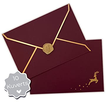 10 Premium Briefumschläge Weihnachten - Weihnachtskuvert heißfolienveredelt mit Goldakzenten und Wachs-Siegel - Rentier 16,5 x 11,5 cm