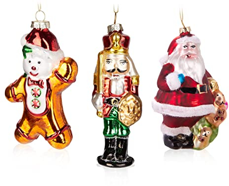 BRUBAKER 3-teiliges Baumkugel Set Weihnachten - Weihnachtsdeko Handbemalte Weihnachtskugeln Nussknacker Lebkuchenmann Weihnachtsmann - Christbaumschmuck aus Glas - Baumschmuck Lustig