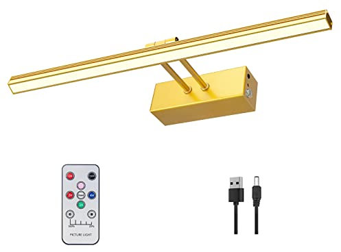 FUNCHDAY Picture Light,5000mAh Battery Operated Picture Light for Wall,Wireless Remote Painting Light with Timer and Dimmable,16”Metal Art Light for Display,Wall,Artwork,Portrait,Gallery -Brass