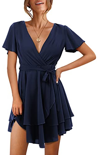 Beluring Kleid Wickel Damen Minikleid Freizeitkleid Sommer Mehrlagiges Kleid Mit Gürtel Dunkelblau S