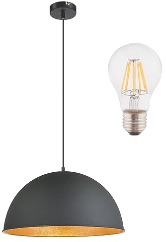 bmf-versand Stilvolle Hängelampe aus Metall in Schwarz mit Gold inkl Leuchtmittel - Elegante Pendelleuchte Halbkugel Lampenschirm innen Gold farbig – E27 LED 7 Watt