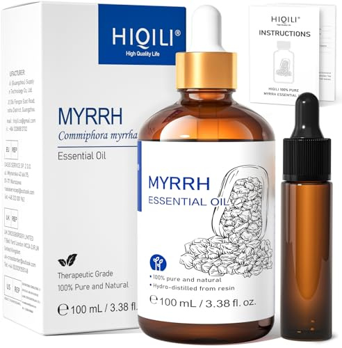 HIQILI Myrrh Essential Oil for Diffuser, Skin & Bath | Blending with Hair & Bath Blends, Creating Mild Aroma for Travel with Portable Bottle – 100mL / 3.38 fl oz