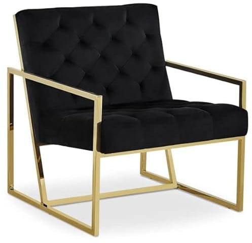 Bador Decoration Chesterfield Stuhl Sessel Chesterfield Schwarz Gold Edelstahl Samtstoff