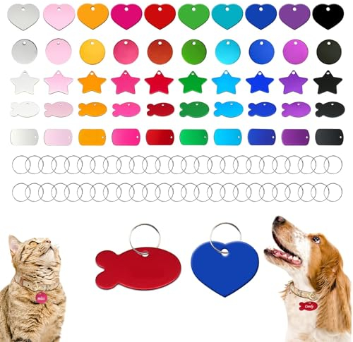 HACRAHO Haustier-ID-Tags-Set, 50 Stück, bunt, blanko, handpersonalisierbar, doppelseitig, Aluminium-Katzen-ID-Tags in 5 Formen für Hunde, Katzen, Haustiere, Namensschild