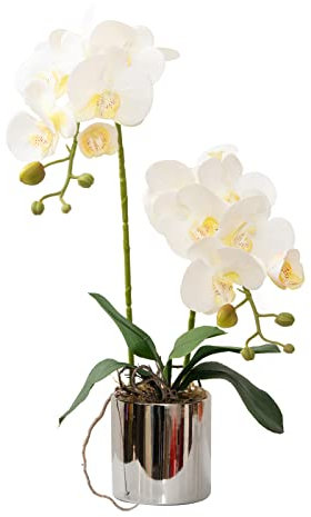 Künstliche Orchideen-Blumen, weiße künstliche Orchideen mit Keramikvase, lebendige künstliche Phalaenopsis-Blumenarrangement, Ausstellung, Zentrum und Tischdekoration zu Hause
