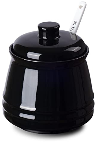 Tanirapel Porzellan Zuckerdose, 10oz Gewürzkeller mit Deckel und Löffel, Zuckerdose für Kaffee Bar, Salz Pfeffer Behälter für Küche, Schwarz