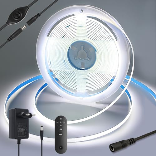 Yamlten Tira LED COB CC de 2 m de 12 V (con controlador RF, adaptador de alimentación), 6000 K blanco frío, 320 LEDs/M, regulable, tira LED para retroiluminación de TV, ordenador, armario, dormitorio.