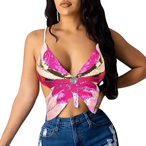 SamHeng Bauchtanz Crop Top für Frauen, Schmetterling Pailletten Halter Top Bandage Tank Top, Strappy Backless Tube Top Tank ärmellose Weste Kostüm für Bauchtanz, Latin Dance, Party Club