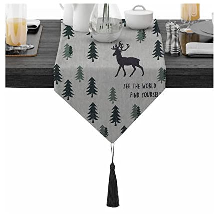 Epinki Tischläufer Wohnzimmer, Baumwolle Tischläufer Handgemachte Elch im Wald, Tischband für Esszimmer Party Urlaub Dekoration (Schwarz Grün, 30x100 cm)