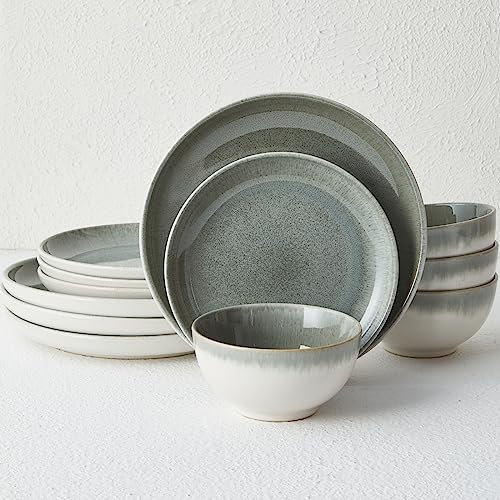 Pokini Gradient Green Stoneware Dinnerware Sets, 12 pcs Reactive Glaze Plates and Bowls Sets, Handmade Ceramic Round Dishes Set for 4, Highly Chip and Crack Resistant Modern Plate Set