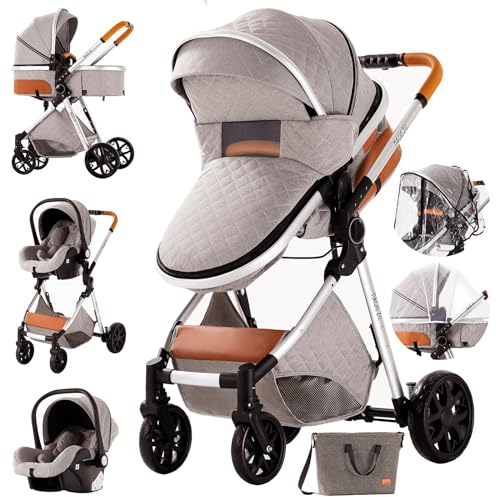 3 in 1 Kombikinderwagen 3 in 1 Kinderwagen Reisesysteme Infant Hochlandschaft Liegender Buggy Kinderwagen Neugeborenen Kinderwagen Faltbarer Standardkinderwagen (225 Light Grey)