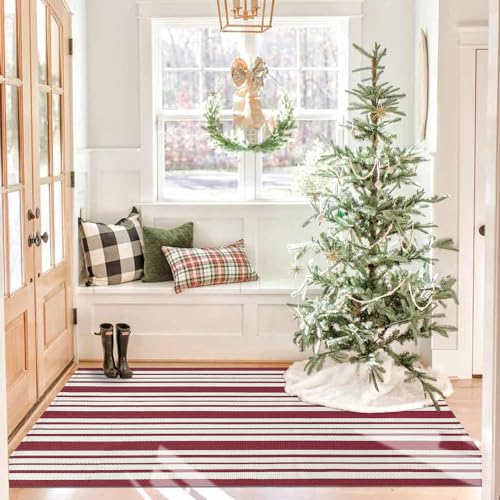 KOZYFLY Gestreifter Outdoor-Teppich, 1,2 x 1,8 m, Rot und Weiß, Weihnachtsvorleger, gewebt, waschbar, für den Innenbereich, Baumwolle, Teppiche für Wohnzimmer, Küche, Eingangsbereich, Terrasse