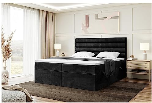 MEBLINI Boxspringbett mit Bettkasten - Gepolstert Doppelbett mit Matratze und Topper - Polsterbett mit Stauraum - Bett mit Kopfteil - Stauraumbett - Karim - 180x220 - H3/Schwarz Samt