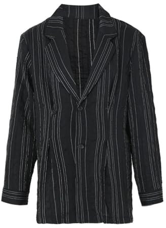 Fnfmrfmr Frauen Schwarz Gestreifte Blazer Langarm Dünne Revers Plissee Knopf Lose Casual Jacke, Schwarz , 48