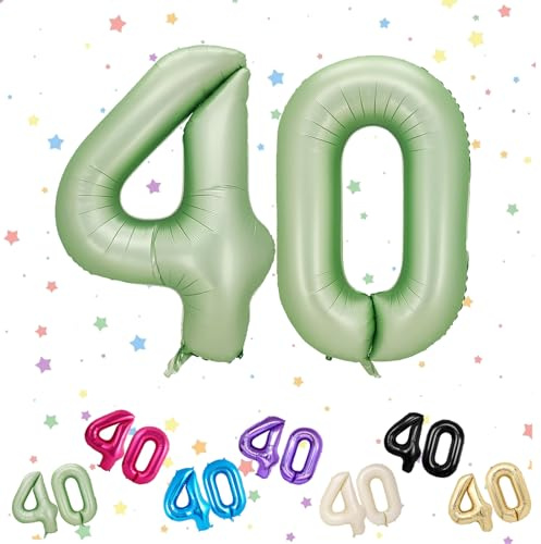 Grün Luftballon 40, Folienballon Zahl 40, 40 Zoll Helium Ballons 4 & 0, 40. Geburtstag Deko luftballon, Salbeigrün Luftballon 40. Geburtstag für Männer Frauen 40th Geburtstagsdeko Jubiläum Party Deko